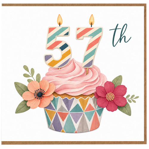 57th Birthday Card, Floral Cupcake Cake Design