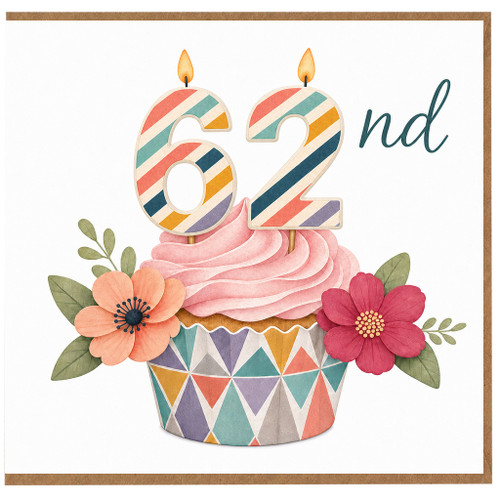 62nd Birthday Card, Colourful Cupcake Floral Design