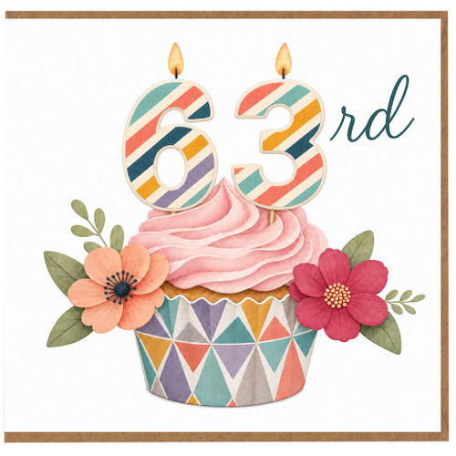 63rd Birthday Card, Colourful Cupcake and Flowers Design