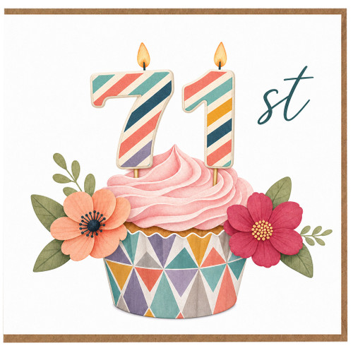 71st Birthday Card, Colourful Cupcake Candle Design