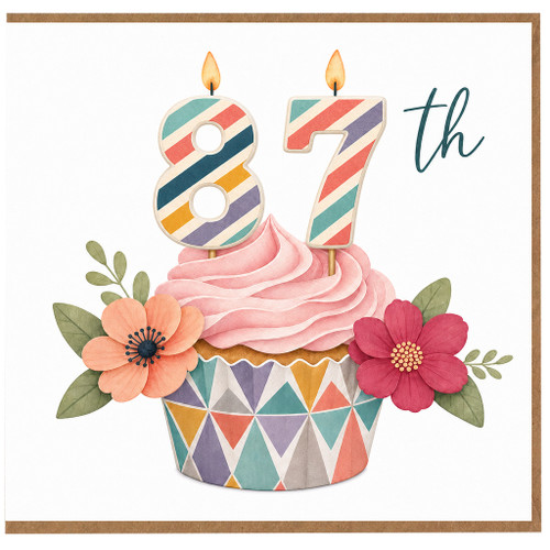 87th Birthday Card, Colourful Cupcake and Floral Design