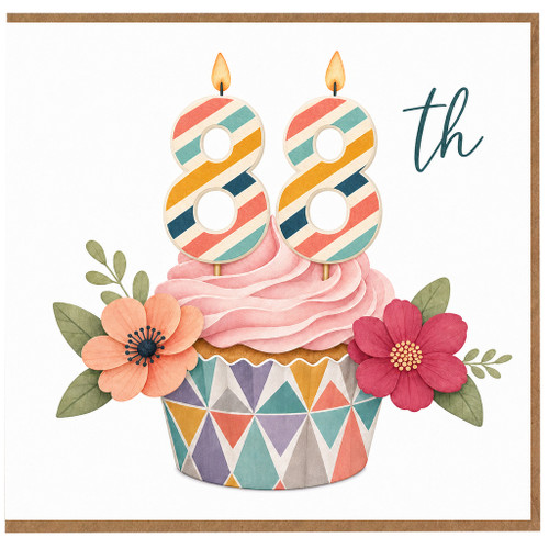 88th Birthday Card, Floral Cupcake Number 88 Card