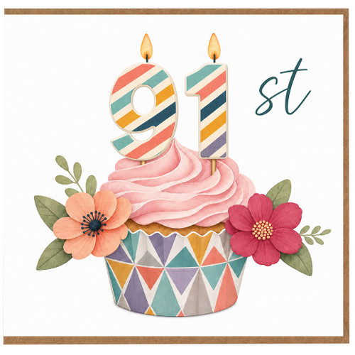 91st Birthday Card, Colourful Cupcake and Flowers Design
