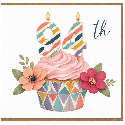 94th Birthday Card, Cute Floral Cupcake 94 Today Birthday Card