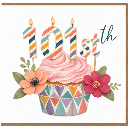 101st Birthday Card, Floral Cake and Candles Celebration Card