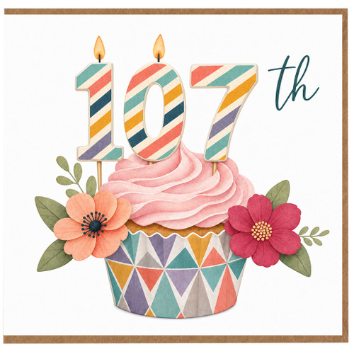 107th Birthday Card, Colourful Cake and Flowers Design