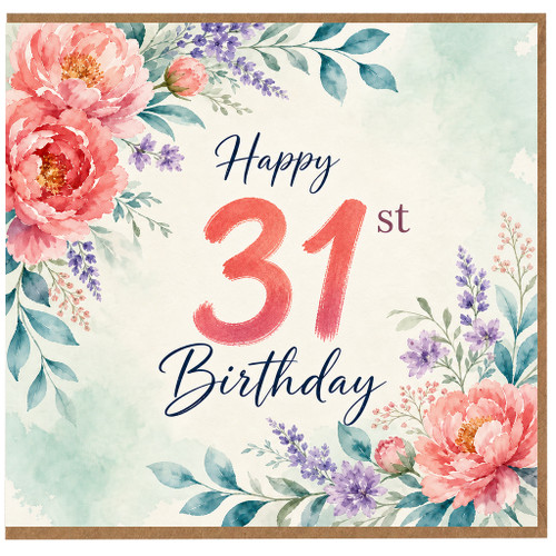 31st Birthday Card, Floral Watercolour Happy Birthday Card