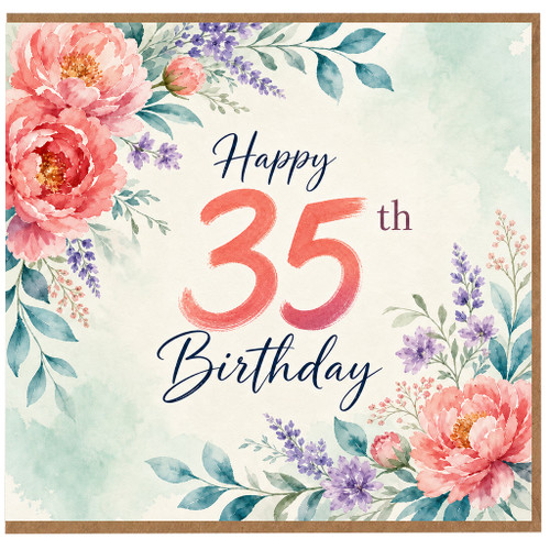 35th Birthday Card, Floral Watercolour Happy 35th Birthday Greeting Card