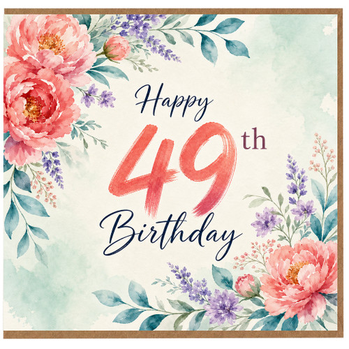 49th Birthday Card, Floral Watercolour Happy 49th Birthday Card