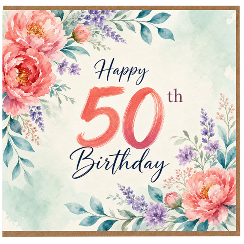 50th Birthday Card, Floral Happy 50th Birthday Card