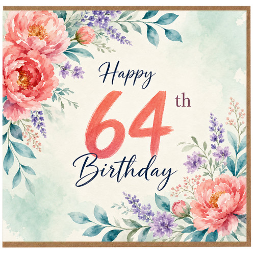 64th Birthday Card, Floral Watercolour Happy Birthday Card