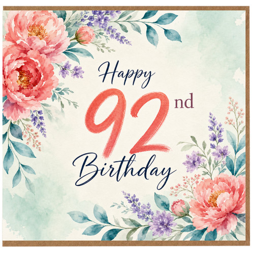 92nd Birthday Card, Floral Watercolour Happy Birthday Card