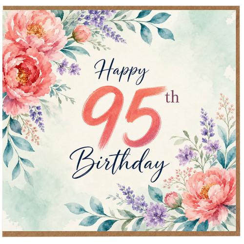 95th Birthday Card, Floral Watercolour Happy 95th Birthday Card