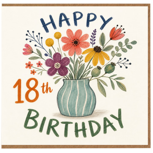 18th Birthday Card, Floral Bouquet in Vase Happy Birthday Card