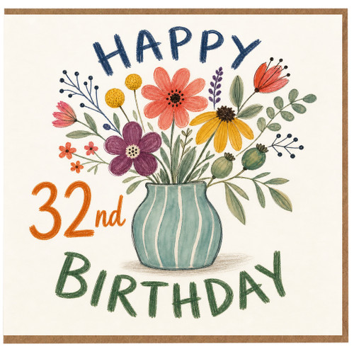 32nd Birthday Card, Floral Bouquet Vase Design, Happy Birthday Card