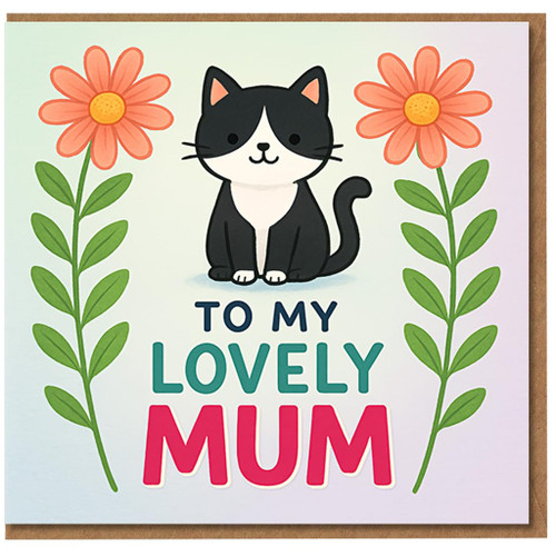 Mother's Day Card for Mum - Cute Cat and Flowers with 'To My Lovely Mum' Message - Sweet Animal-Themed Greeting from Son or Daughter