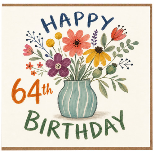 64th Birthday Card, Happy Birthday Floral Vase Card