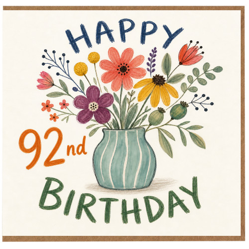 92nd Birthday Card, Floral Vase Happy Birthday Greeting Card