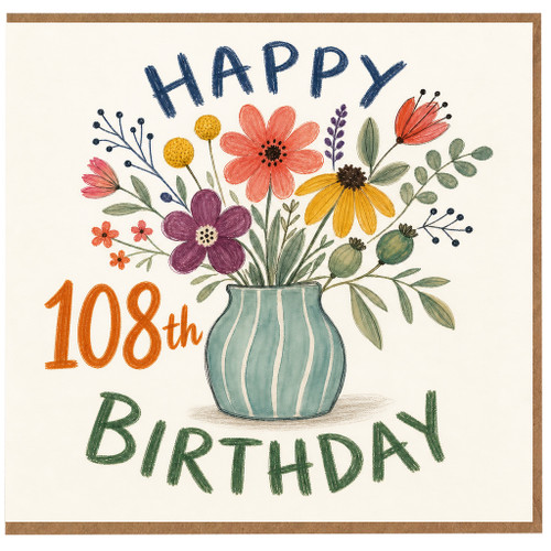 108th Birthday Card, Floral Vase Happy Birthday Card