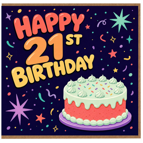 21st Birthday Card, Happy Birthday Cake and Confetti Celebration Card