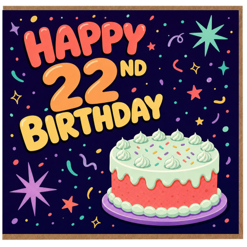 22nd Birthday Card, Colourful Birthday Cake Design