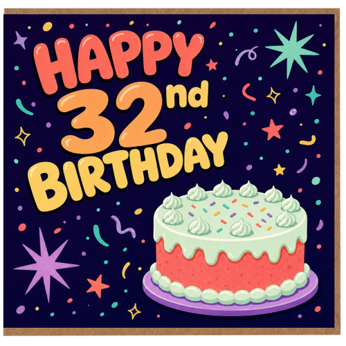 32nd Birthday Card, Happy 32nd Birthday Card with Cake Design