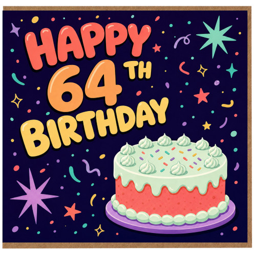 64th Birthday Card, Happy 64th Birthday Card with Cake and Confetti Design