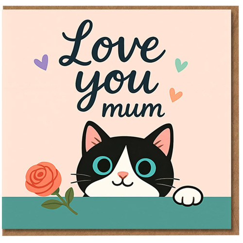 Love You Mum Mother's Day Card - Cute Cat with Rose and Hearts - Sweet Card for Mum from Son or Daughter