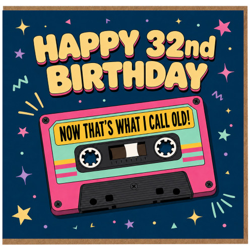 32nd Birthday Card, Funny Retro Cassette Tape Birthday Card