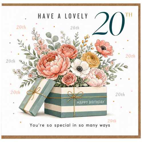 20th Birthday Card, Floral Gift Box Design