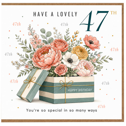 47th Birthday Card, Floral Gift Box Bouquet Birthday Card