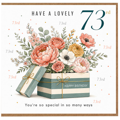 73rd Birthday Card, Floral Bouquet Gift Box Design, Lovely Happy Birthday Card