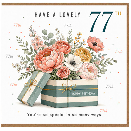 77th Birthday Card, Floral Gift Box Happy Birthday Card