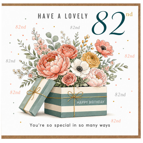82nd Birthday Card, Floral Gift Box Happy Birthday Card