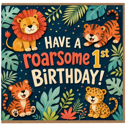 1st Birthday Card, Have a Roarsome Birthday Jungle Animals Card
