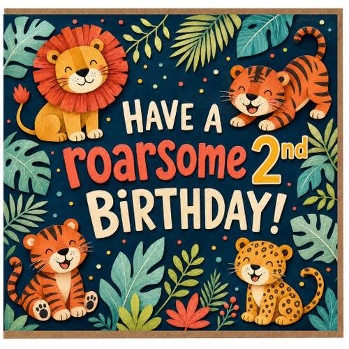 2nd Birthday Card, Roarsome Jungle Animals Birthday Card