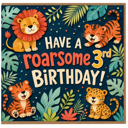 3rd Birthday Card, Have a Roarsome Birthday Jungle Animals Card