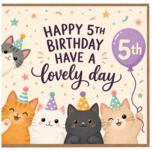 5th Birthday Card, Cute Cat Birthday Card for Age 5