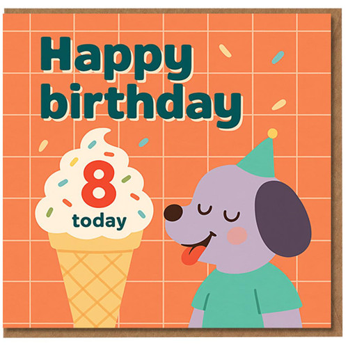 8th Birthday Card for Kids - Cute Dog with Party Hat and Ice Cream, 'Happy Birthday 8 Today' Sprinkles Design