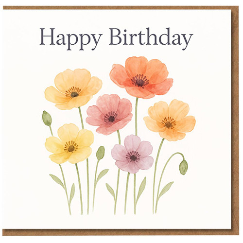 Happy Birthday Card - Watercolour Wildflowers in Pastel Colours, Elegant Floral Design
