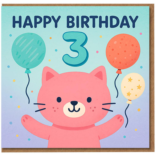 3rd Birthday Card for Kids - Cute Pink Cat with Balloons and Confetti - Happy Birthday Age 3 Card for Boy or Girl