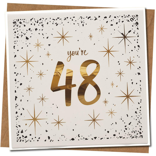 48th Birthday Card - You're 48 Gold Stars Design, 145mm x 145mm Square, Includes Kraft Envelope