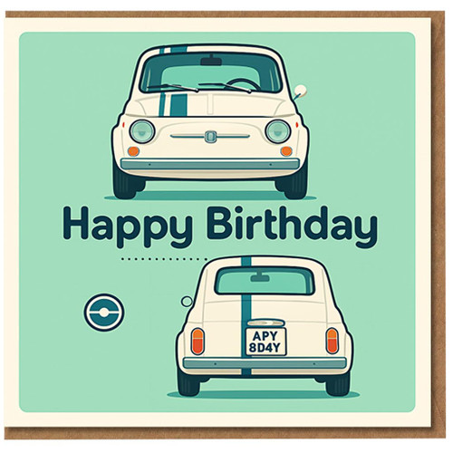 Happy Birthday Card - Retro Microcar with Racing Stripe, Front and Rear Views, APY 8D4Y Number Plate, Fun for Car Lovers and Motoring Fans