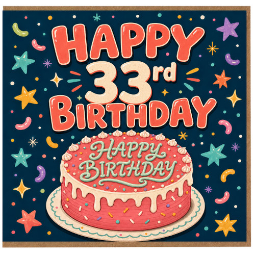 33rd Birthday Card, Happy Birthday Cake and Stars Celebration Card