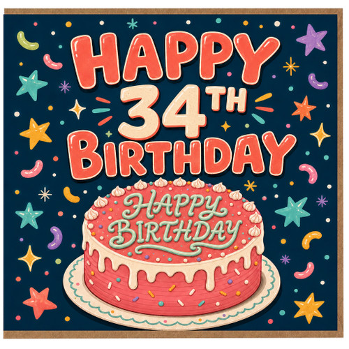 34th Birthday Card, Happy Birthday Cake Design