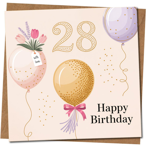 28th Birthday Card - Balloons & Confetti Design, 145mm x 145mm Square, Includes Kraft Envelope