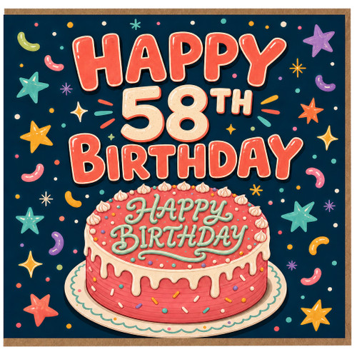 58th Birthday Card, Happy Birthday Cake Design