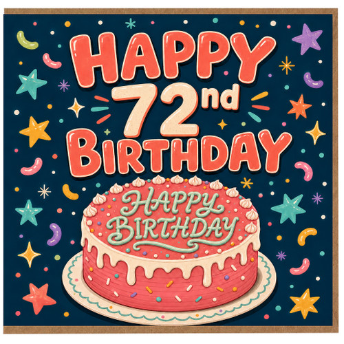 72nd Birthday Card, Happy 72nd Birthday Card with Cake Design