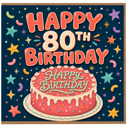 80th Birthday Card, Happy Birthday Cake Design