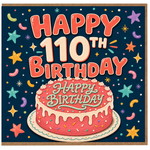 110th Birthday Card, Happy Birthday Cake and Stars Design
